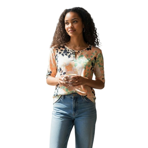 Liz Claiborne Tops - Liz Claiborne Petite Medium PM Papaya Leaf Keyhole Knit Top Elbow Sleeve NWT